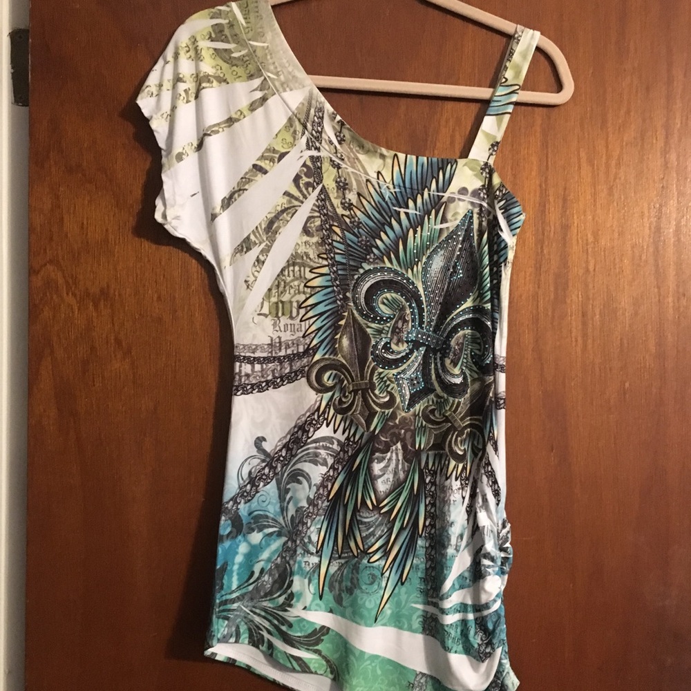 Mandees One Shoulder Fleur De Lis Graphic Top